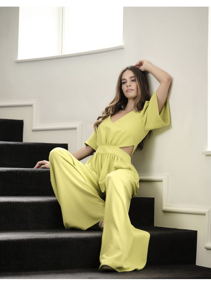 Lime cut-out party jumpsuit with short sleeves