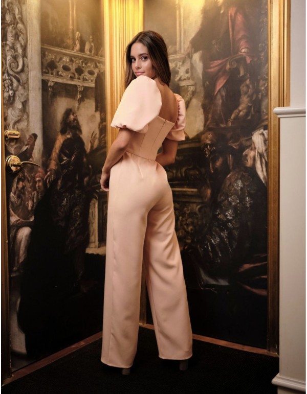 Long party jumpsuit with square neckline and short puffed... 2