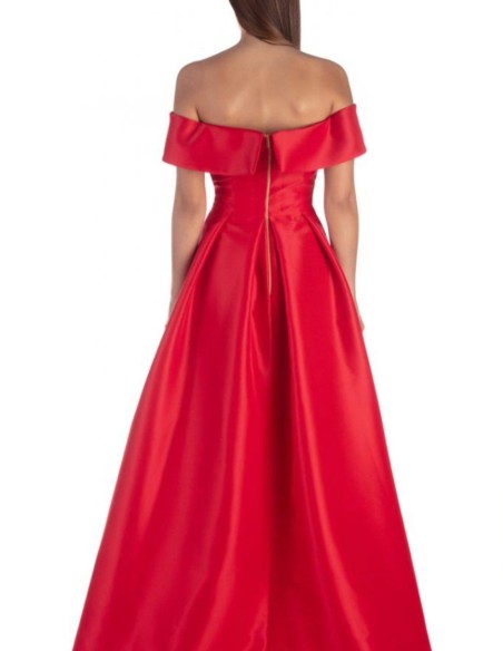 Robe longue de fête en satin avec encolure bardot