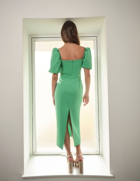 Robe de soirée midi verte à manches courtes bouffantes