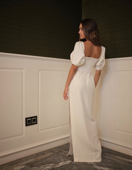Long white dress with short puffed sleeves