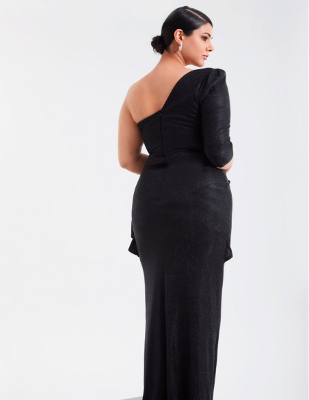 Long party dress with sparkles and asymmetrical neckline