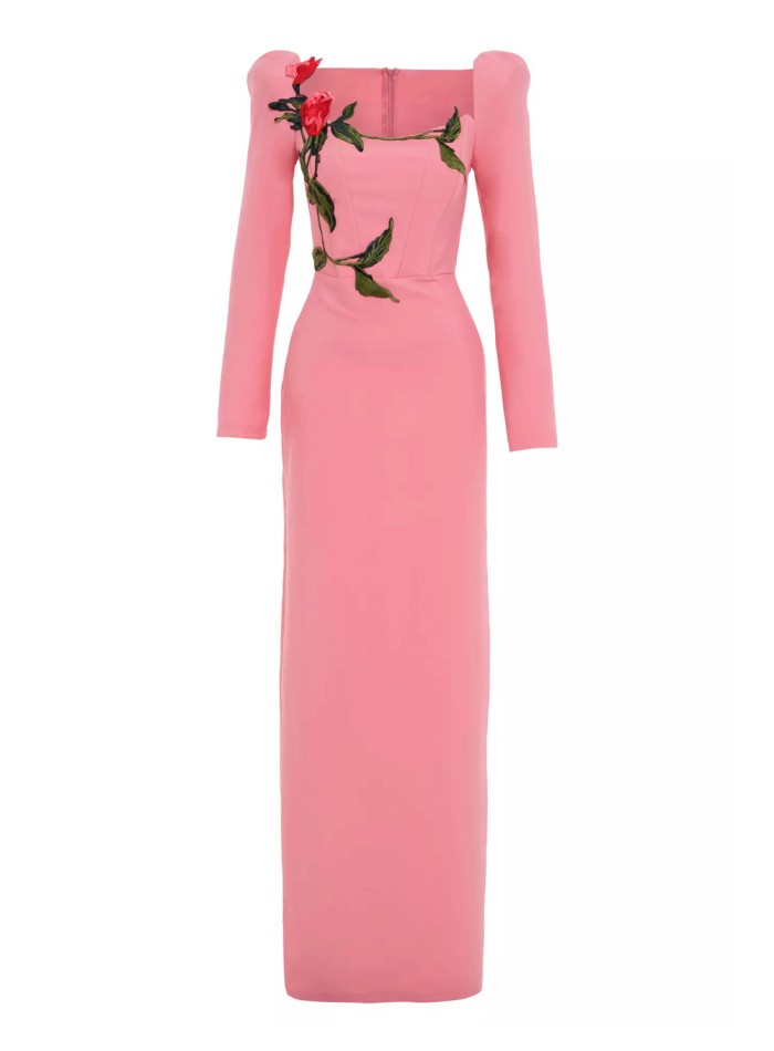 Vestido de fiesta largo con manga abullonada y bordado rosa