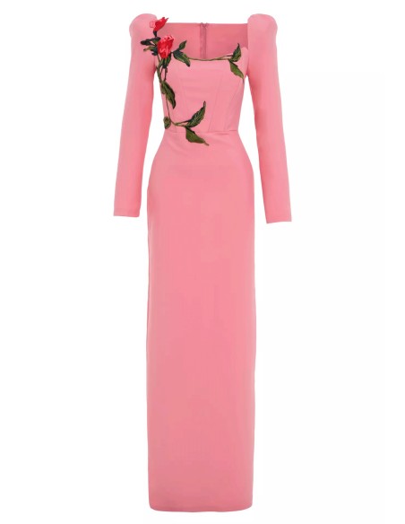 Evening dress with puffed sleeves and embroidery