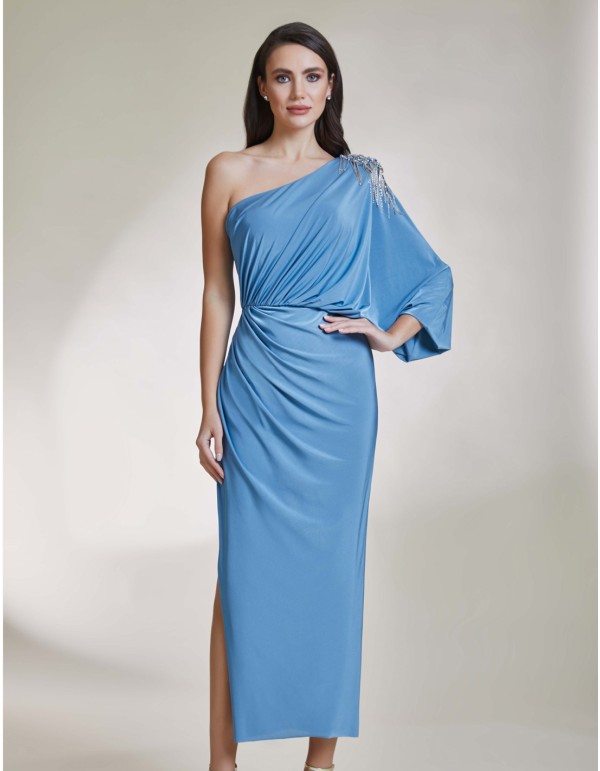 Asymmetric midi party dress with jewel applique blue