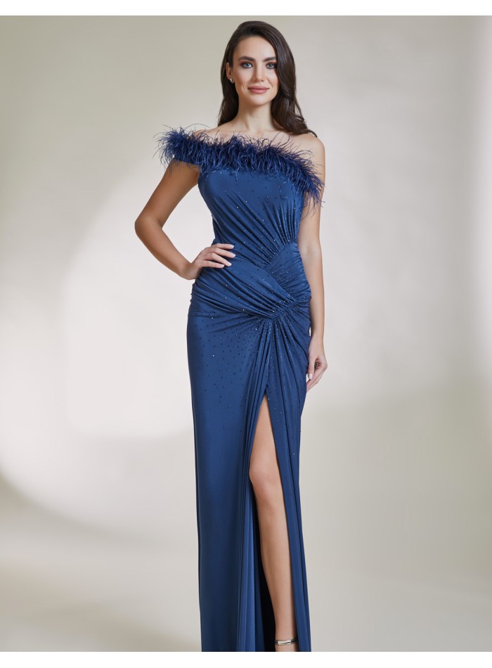 Long party dress with slit and feathered neckline
