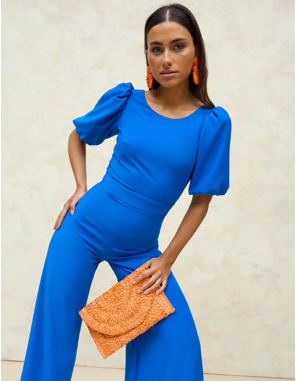 Party jumpsuit with back neckline and puffed sleeves 2