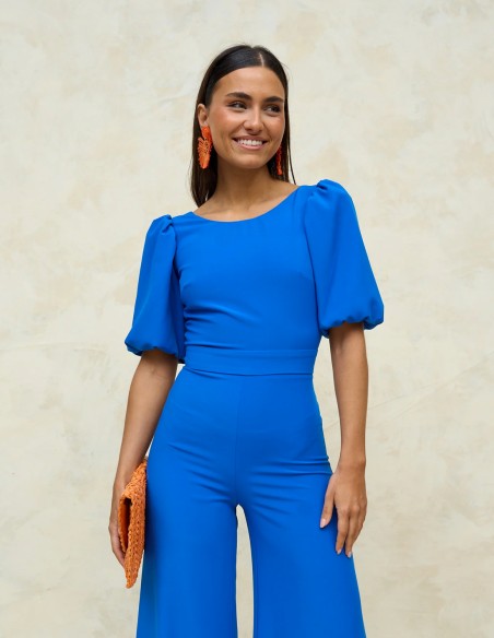 Party jumpsuit with back neckline and puffed sleeves