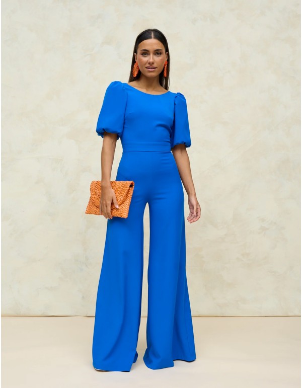Party jumpsuit with back neckline and puffed sleeves