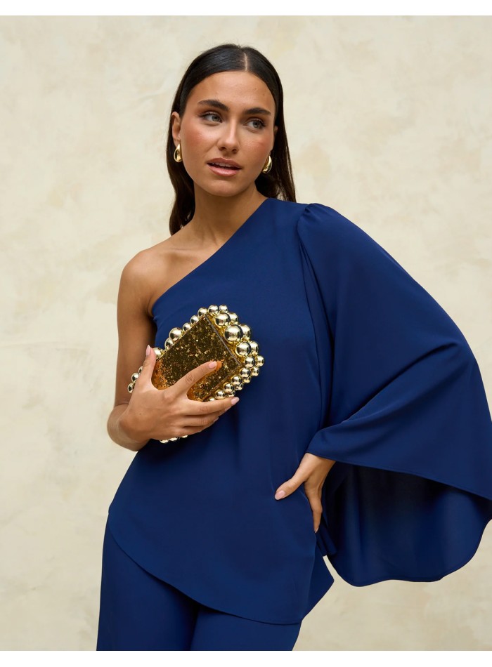 Asymmetric party blouse with flared sleeves