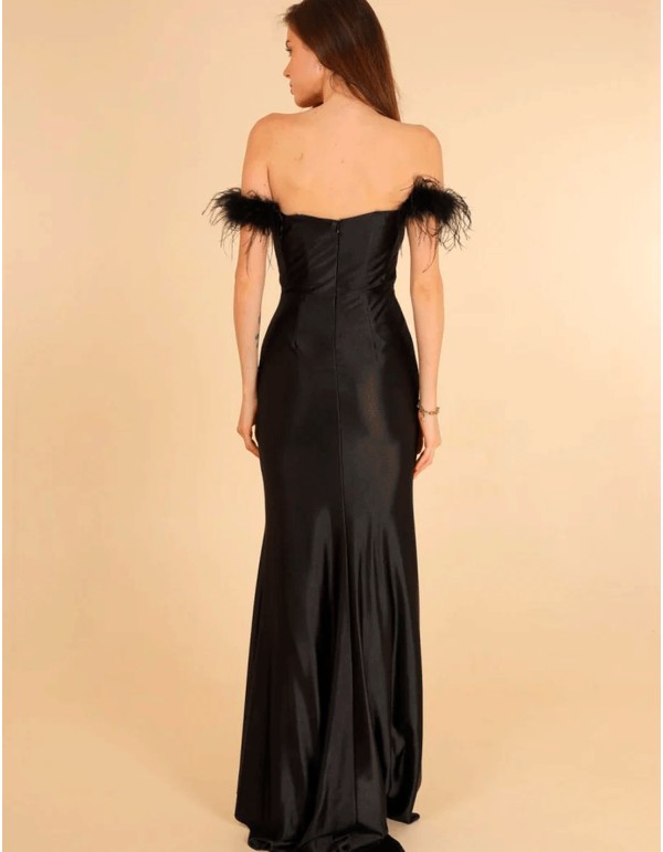 Satin evening dress with bandeau neckline and feathers 2