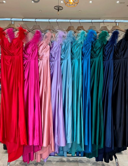 Satin evening dress with bandeau neckline and feathers