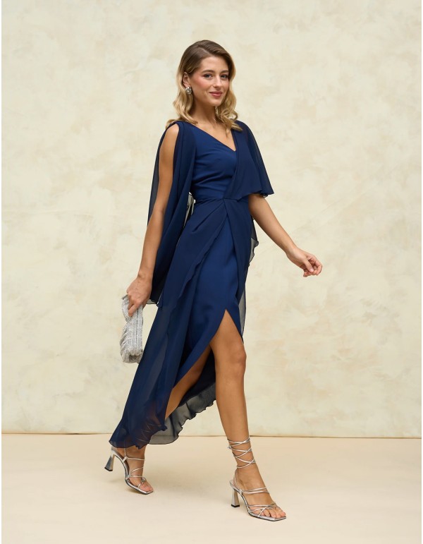 Midi party dress with open back and flowing sleeves