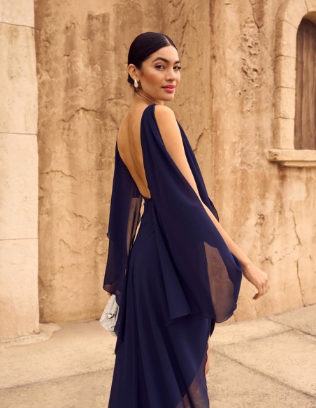 Robe de soirée midi avec dos ouvert et manches fluides