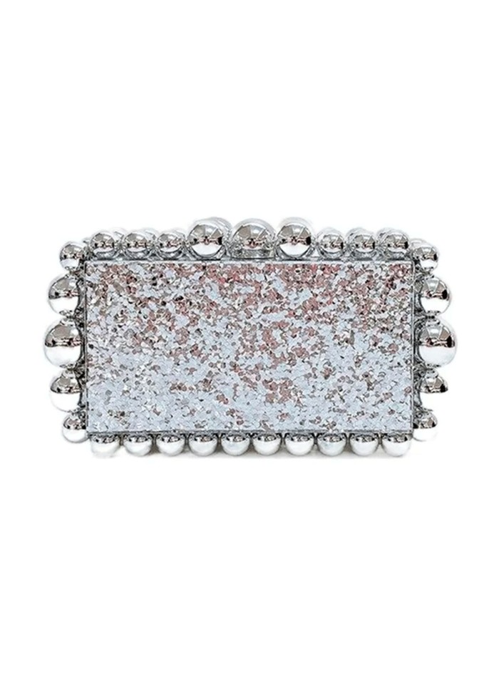 Metallic acrylic clutch bag with bead detail