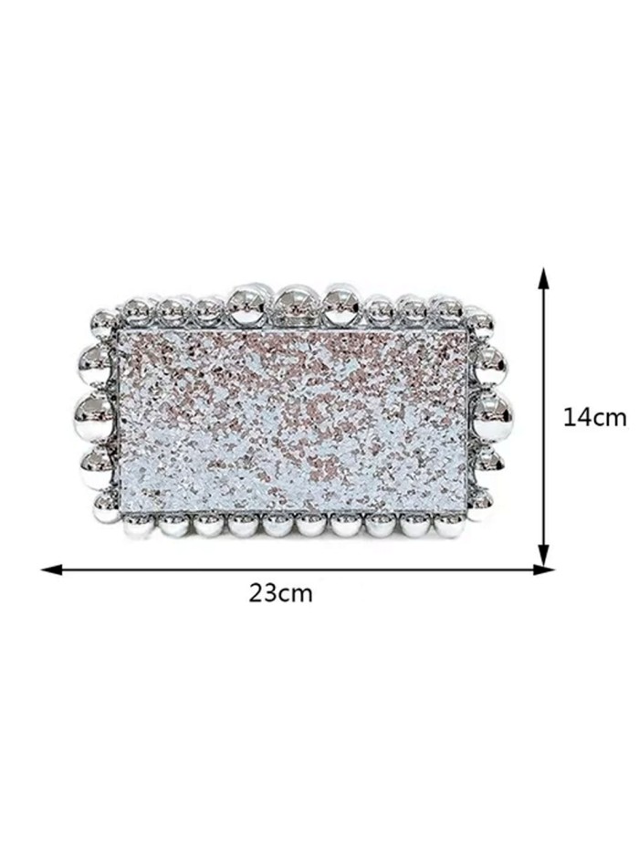 Metallic acrylic clutch bag with bead detail silver