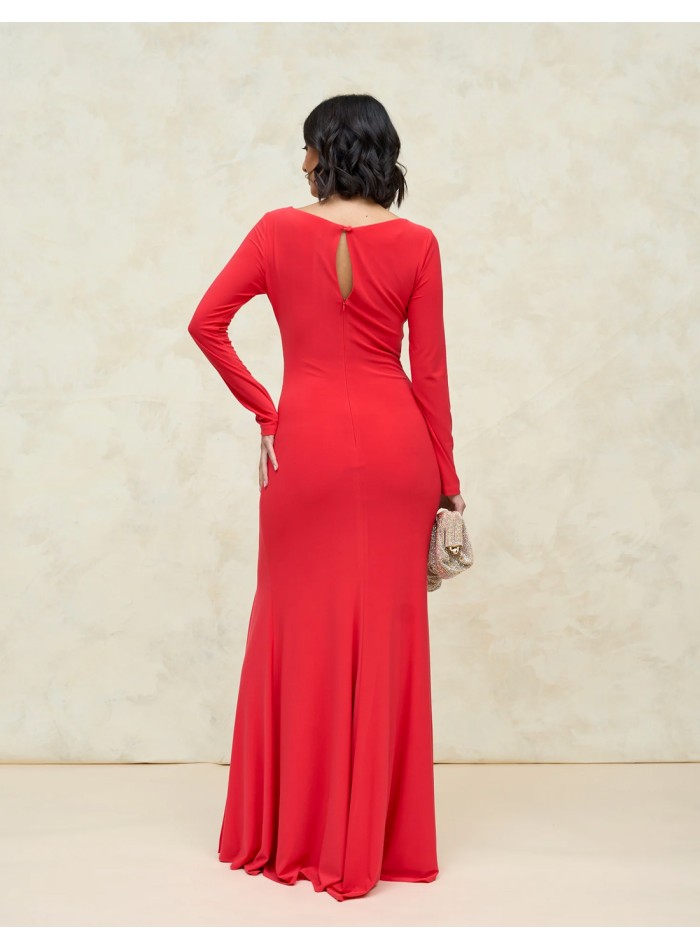 Long party dress in silk knit with ruching and...