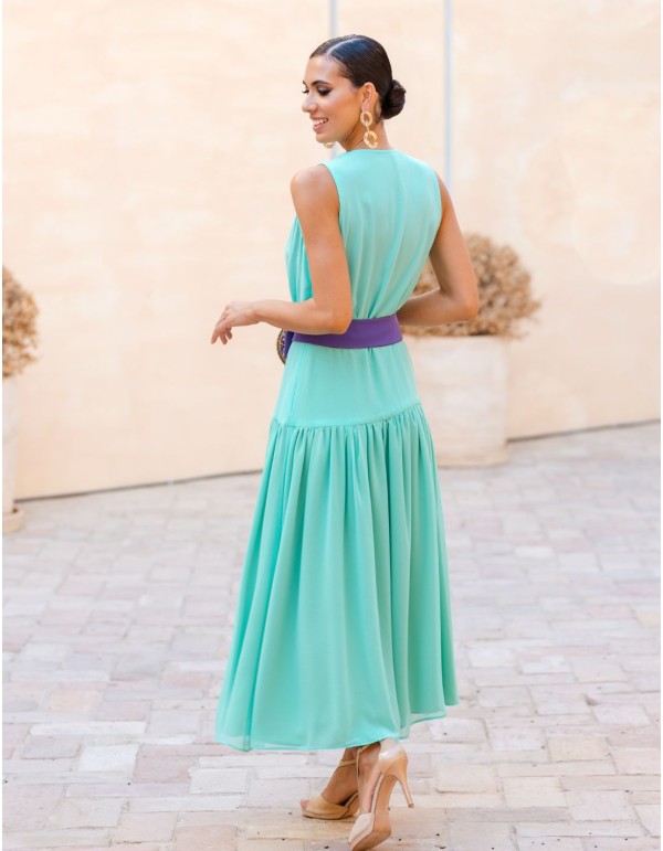 Robe de soirée midi turquoise avec Ceintures violettes 2