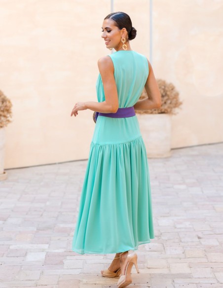 Robe de soirée midi turquoise avec Ceintures violettes