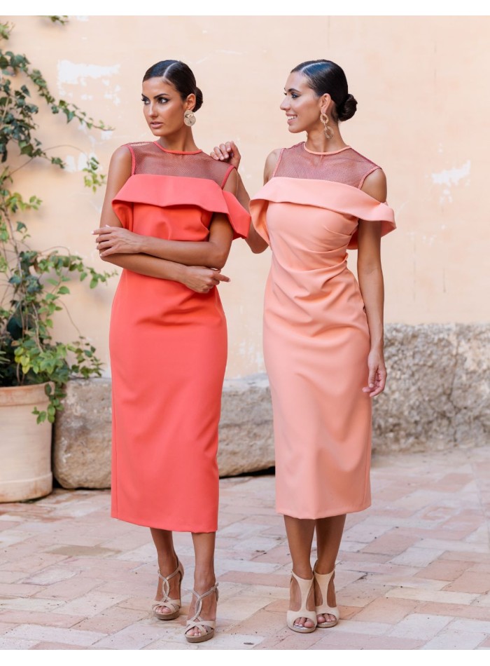 Vestido midi de fiesta con escote de volante...