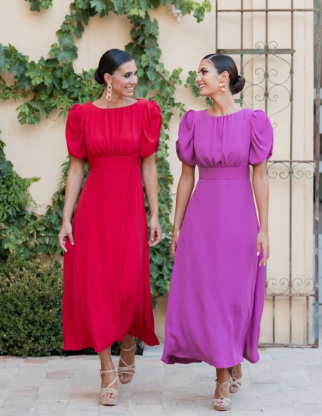 Flared midi dress with draped bodice and short puffed sleeves