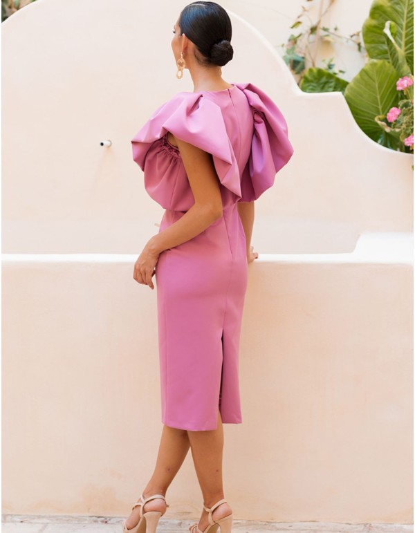 Robe de soirée midi unie avec manches bouffantes en forme... 2