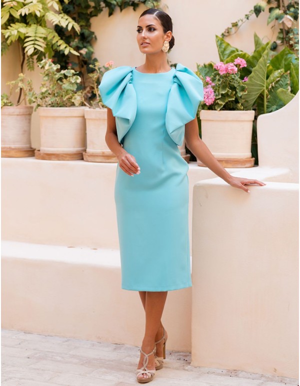 Robe de soirée midi unie avec manches bouffantes en forme...