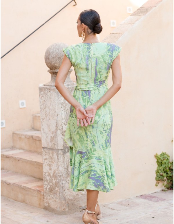 Robe de soirée midi imprimée avec épaulettes et volants 2