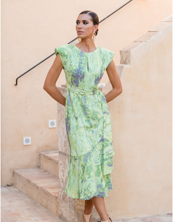 Vestido midi de fiesta estampado con hombreras y volantes