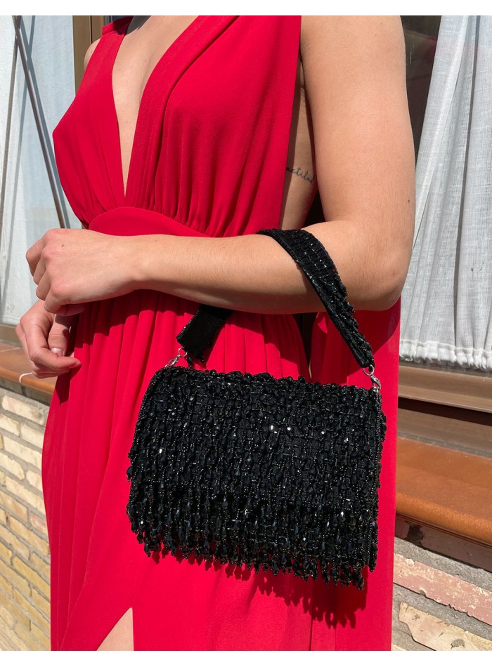 Bolso de fiesta de pedrería con cristales y cuentas en color negro