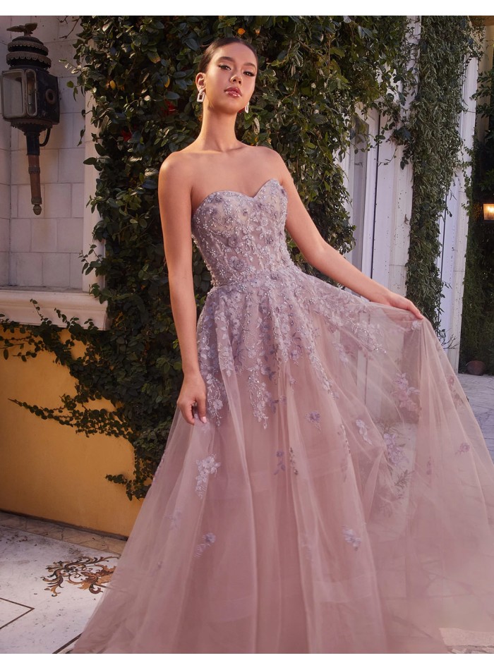 Long party dress with floral embroidery and sweetheart neckline and removable sash pink colour