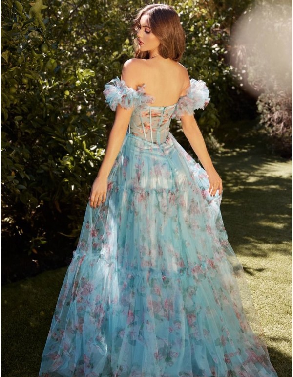 Long party dress with ruffled straps and floral print 2