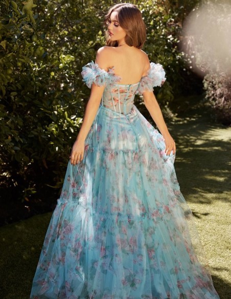 Vestido de fiesta largo con tirantes fruncidos y estampado de flores azul