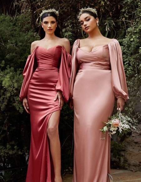 Robe longue de fête en satin avec manches longues multipositions