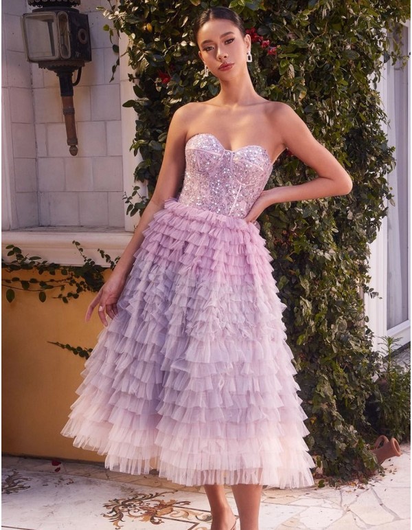 Midi dress with rhinestone bodice and tulle ruffle skirt