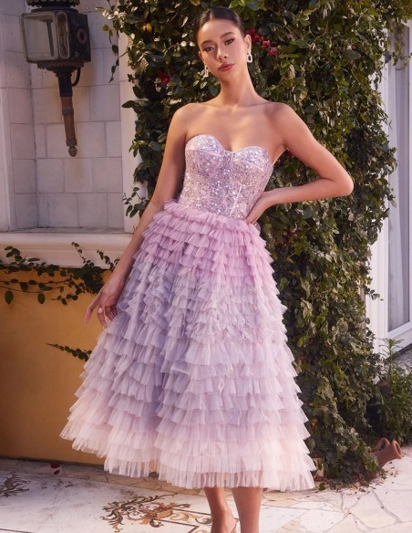 Midi dress with rhinestone bodice and tulle ruffle skirt