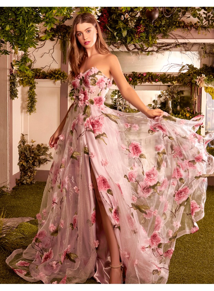 Robe de bal en organza floral sans bretelles...