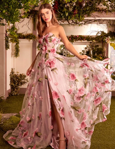 Vestido de fiesta palabra de honor de organza con flores