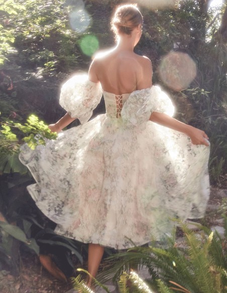 Flower print midi party dress with removable puffed sleeves