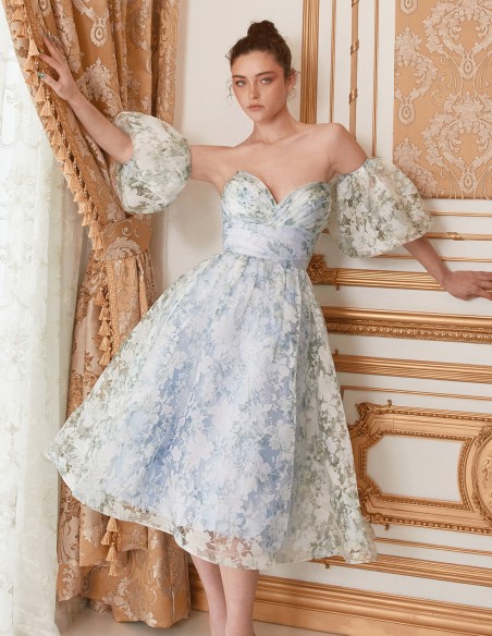 vestido de fiesta midi con estampado de flores y abullonadas  mangas extraibles