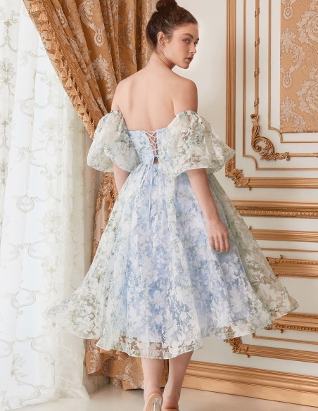 Flower print midi party dress with removable puffed sleeves