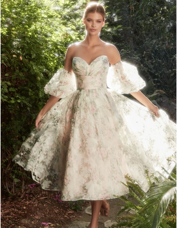 Flower print midi party dress with removable puffed sleeves