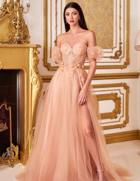 Long tulle party dress with corset and floral details