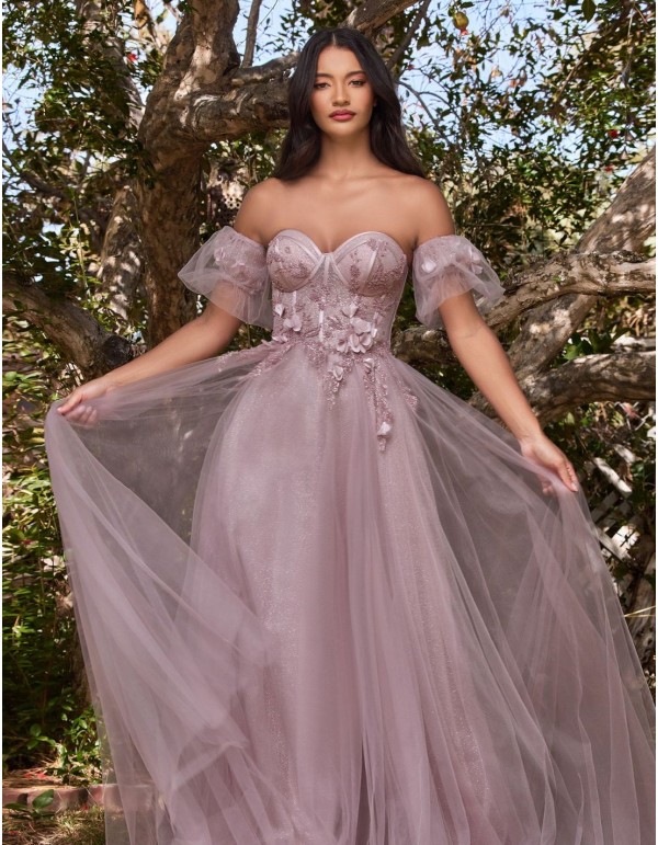 Robe longue de fête en tulle avec corset et détails floraux