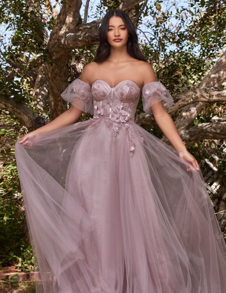 Robe longue de fête en tulle avec corset et détails floraux