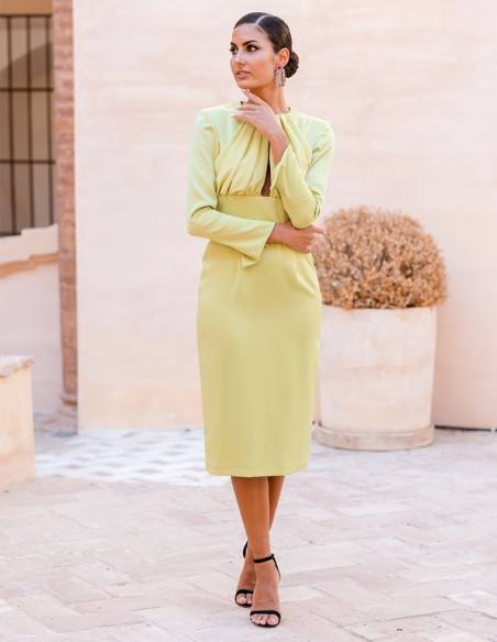 Midi party dress with long sleeves and teardrop neckline