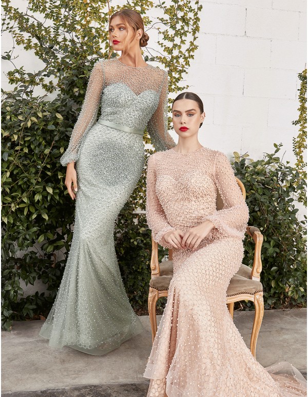 Vestido de fiesta Largo con transparencias cubierto de perlitas 2