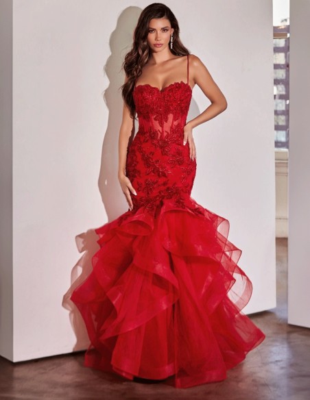 red Flamenco-inspired long gown with ruffles