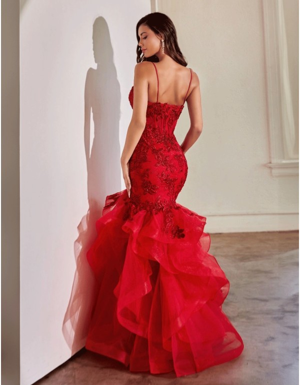 red Flamenco-inspired long gown with ruffles 2