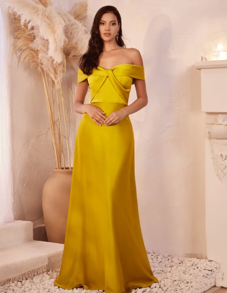 Long satin party gown with a crossover bandeau neckline